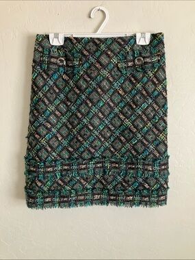 Per Se Skirt Wool Silk Tweed Pencil Knee Length Fringe Accent Geometric Size 8